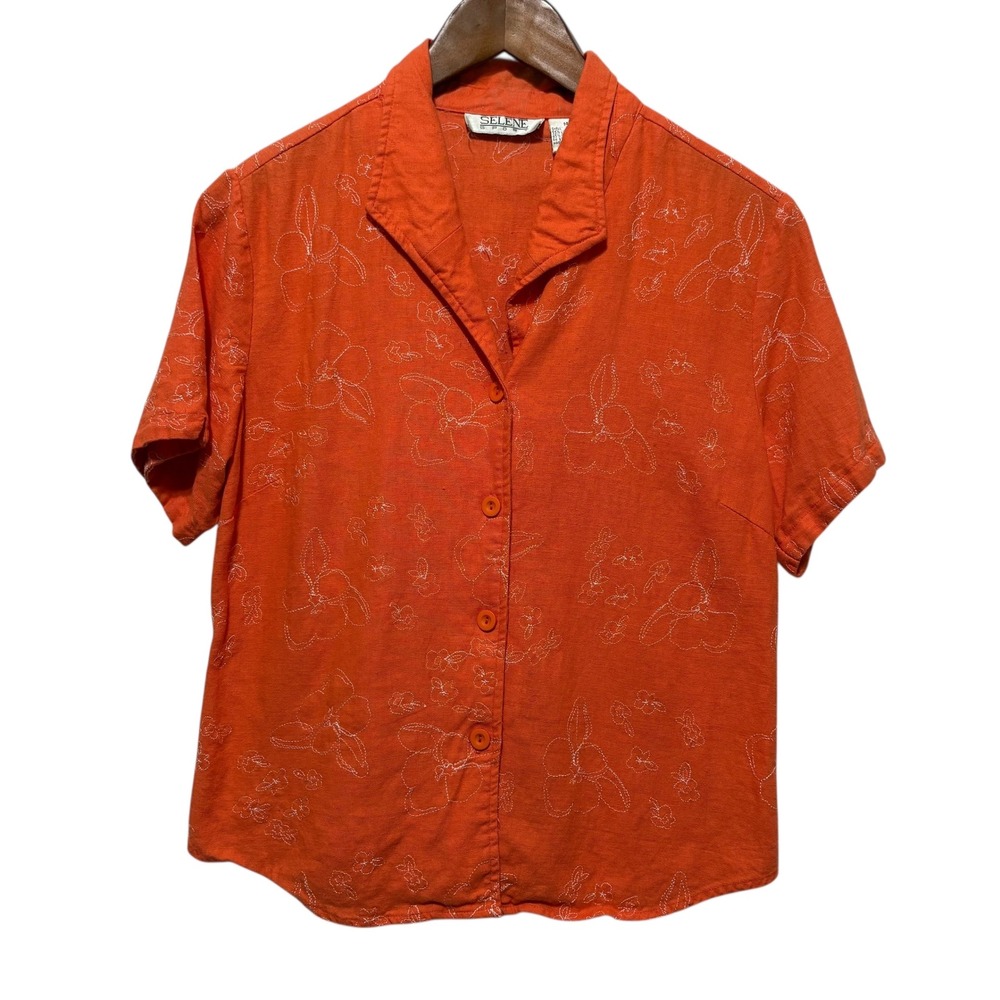 VTG Selene Sport Women Button Shirt 14 Linen Blend Floral Embroidery Cottagecore